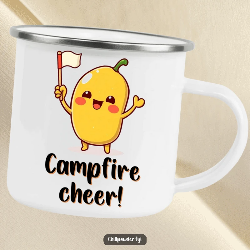 Funny Camping Mug with an excited kawaii chili powder character waving a tiny flag, ready for outdoor enjoyment.