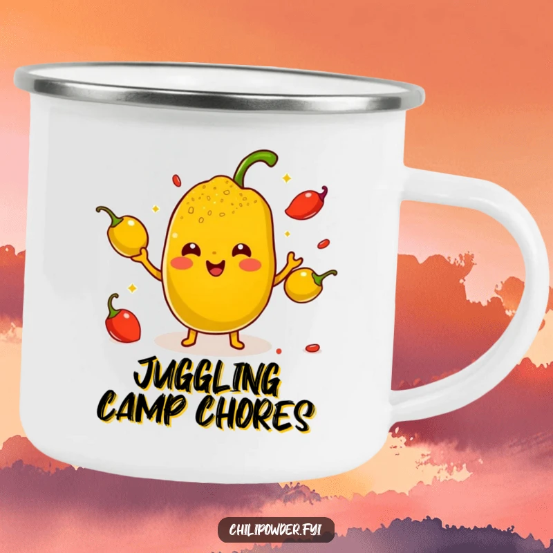 Funny Kawaii Chili Powder Camping Mug - A cute cartoon chili powder character juggling small smiling peppers with tiny arms, perfect for funny outdoor drinks.