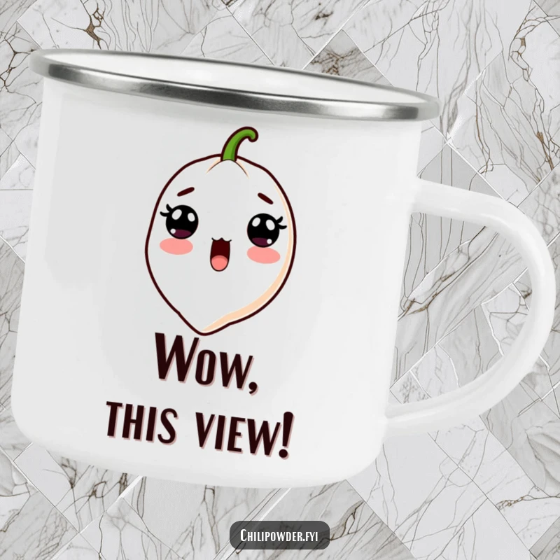 Funny Kawaii Chili Powder Camping Mug - A cute cartoon chili powder character with wide surprised eyes and an open mouth, perfect for funny outdoor drinks.