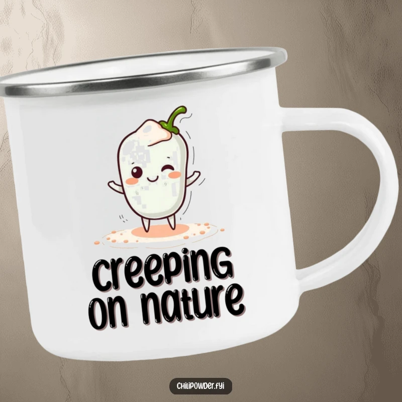 Funny Kawaii Chili Powder Camping Mug - A cute cartoon chili powder character tiptoeing sneakily with a hidden smile, perfect for funny outdoor drinks.