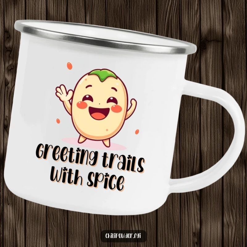 Funny Kawaii Chili Powder Camping Mug - A cute cartoon chili powder character waving cheerfully with a big smile, perfect for funny outdoor drinks.