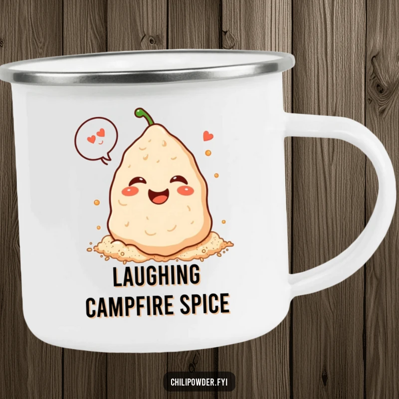 Funny Kawaii chili powder pile laughing heartily with a speech bubble on a camping mug, perfect for spicy campfire stories.