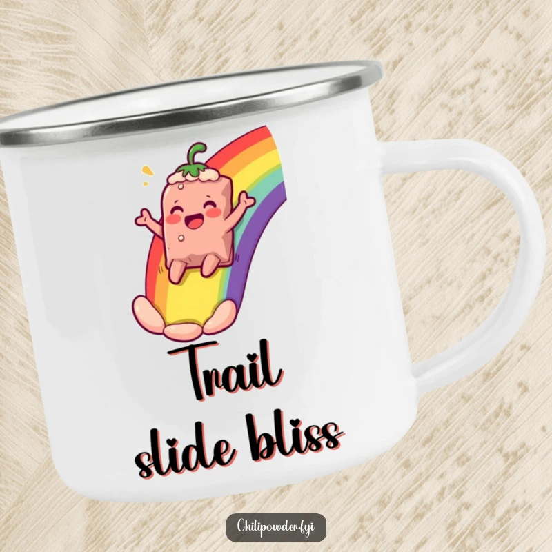 Funny chili powder bag character sliding down a rainbow, cheering comically, on a durable camping mug for outdoor joy.