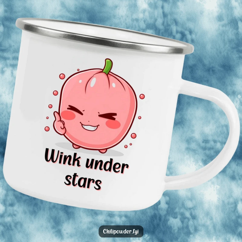Funny chili powder pinch winking mischievously on a camping mug, ideal for adventurous fun.