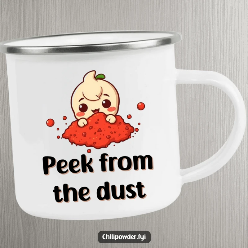 Funny camping mug with a chili powder character peeking from a red powder cloud, perfect for outdoor fun and mystery.
