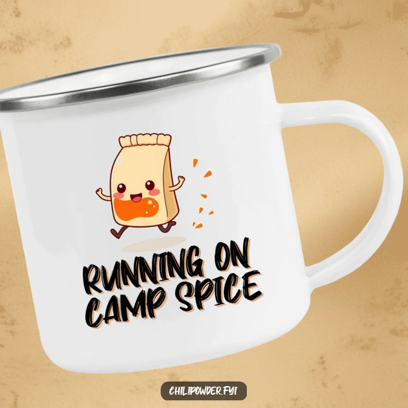 Funny Kawaii chili powder pouch with tiny legs, happily running and leaving a spice trail, durable humorous mug.