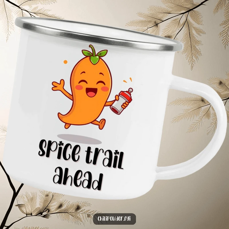Funny chili powder character leaping with excitement, shaking a tiny spice shaker on a camping mug, perfect for enjoying beverages with a spicy kick.