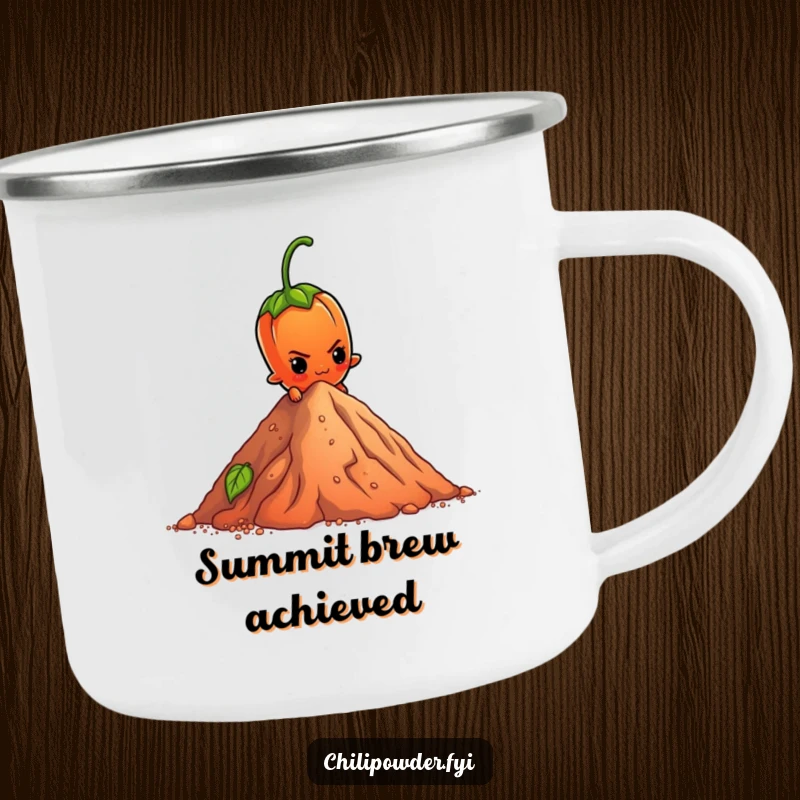 Funny Camping Mug: A determined chili powder element scales a pepper mountain, ready for adventure and motivational sips.