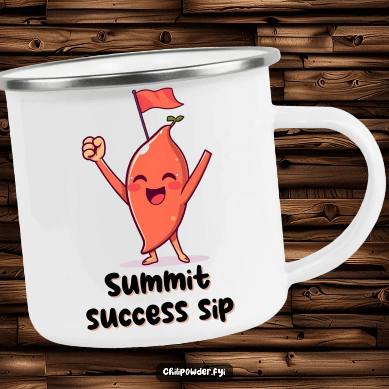 Funny chili powder camping mug with a triumphant character, raised arms, and a tiny flag, perfect for outdoor celebration.