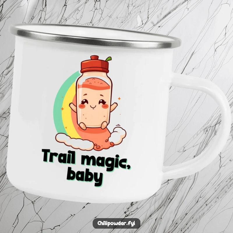 Funny camping mug showing a chili powder shaker with a playful smirk, sliding down a vibrant rainbow, perfect for colorful camping.