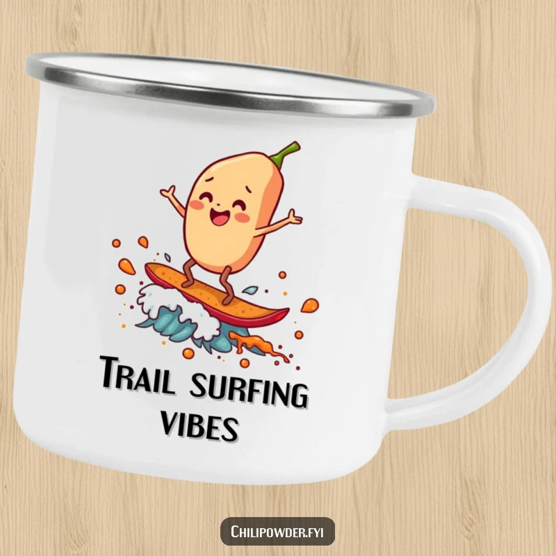 Funny Camping Mug: A chili powder flake surfs a spice wave, ready for adventure and laughter by the campfire.