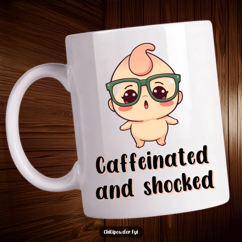 Funny mug featuring a kawaii chili powder character with huge glasses, looking comically surprised and wide-eyed, super cute design.