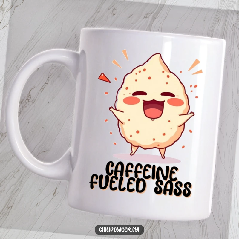 Funny chili powder puff depicted in a playful tantrum pose, complete with giggles, on a humorous mug.