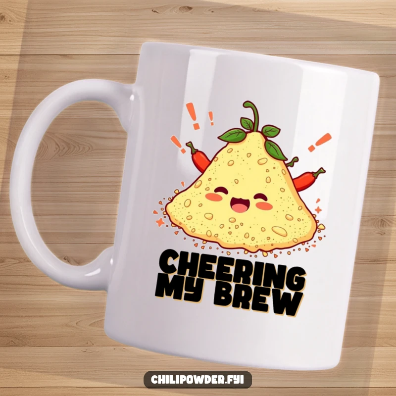 Funny mug showing a pile of chili powder erupting in cheers with tiny exclamation marks, representing spicy enthusiasm.