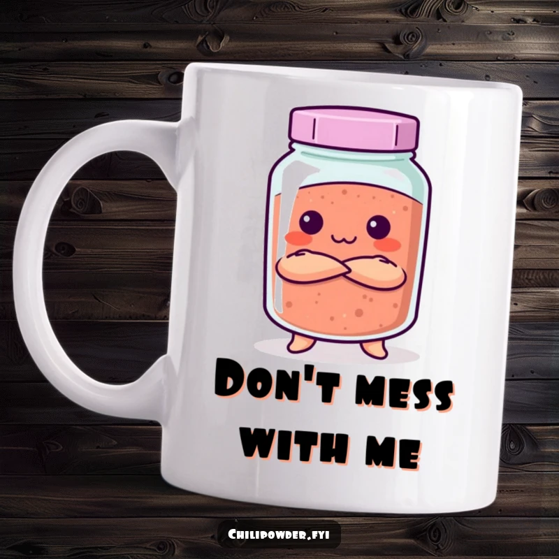 Funny Kawaii chili powder jar with arms crossed, giving a playfully stern look on a humorous mug.