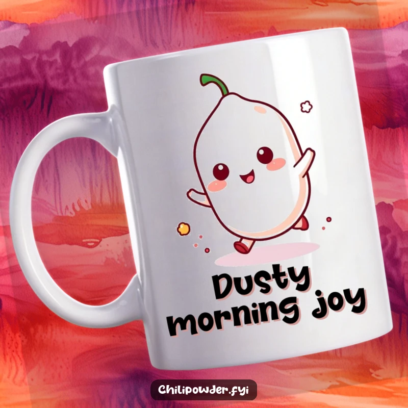 Funny kawaii chili powder doing a playful hop, kicking up a small puff of dust, full of playful energy.