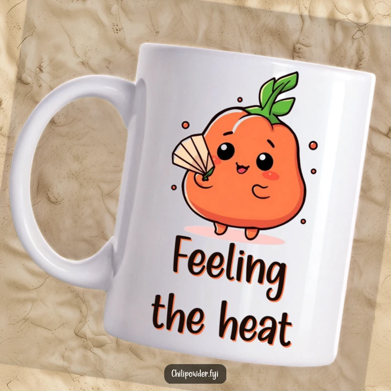 Funny Kawaii chili powder character dramatically fanning itself with a tiny leaf on a humorous mug, expressing heat.