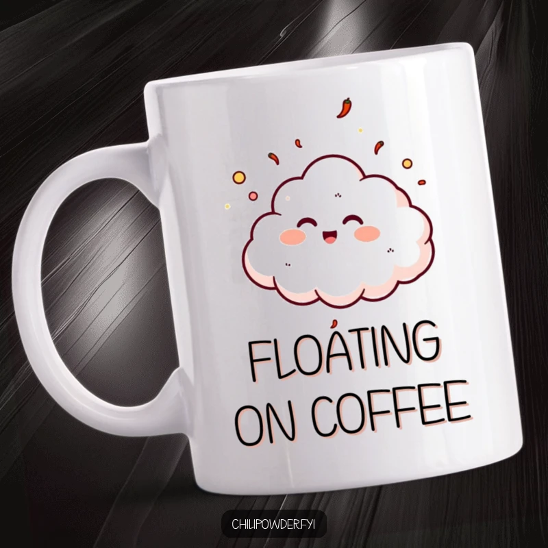 Funny chili powder cloud giggling as it floats upwards on a mug, representing lighthearted joy.
