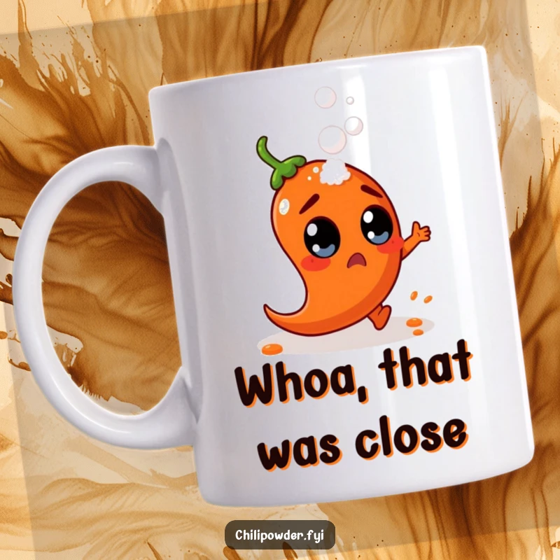 Funny chili powder character with wide, surprised eyes dodges a falling salt shaker on a humorous mug, creating a comical scene.