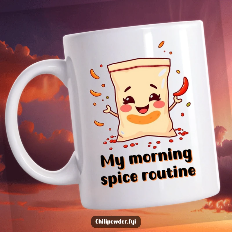 Funny Chili Powder Bag Mug expertly juggling tiny spice flakes with a mischievous grin, perfect for a quirky kitchen gift.