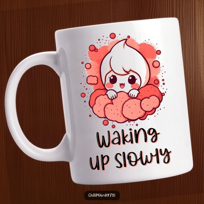 Funny Chili Powder Peek Mug: A chili powder character mischievously peeking out from a swirling cloud of red powder, full of humor.