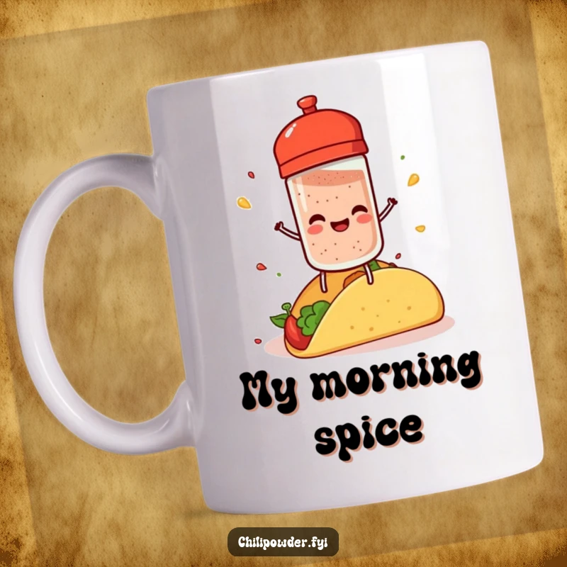 Funny chili powder shaker with tiny legs, joyfully sprinkling spice on a taco, bringing culinary fun.