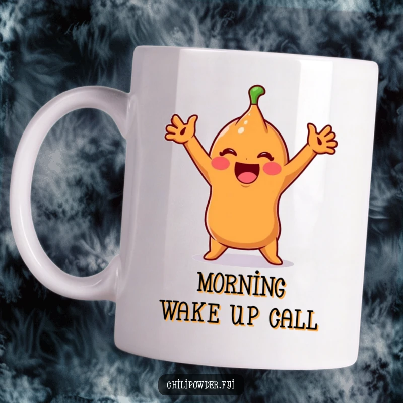 Funny Chili Powder Character Mug in an exaggerated, joyful stretch, embodying morning energy and spice.