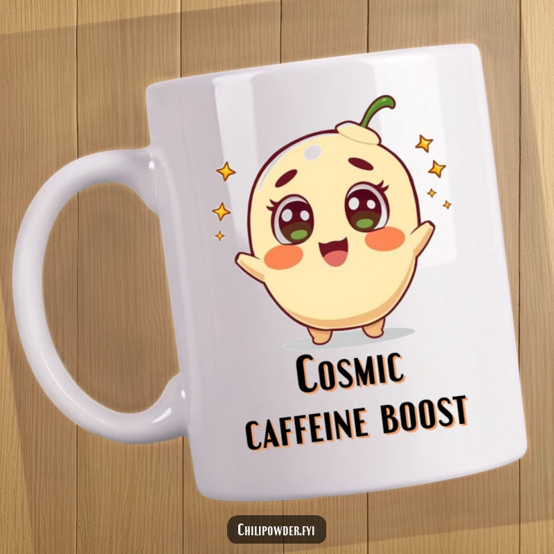 Funny mug of a happy chili powder character with wide, amazed eyes, shooting tiny comets across a starry background.