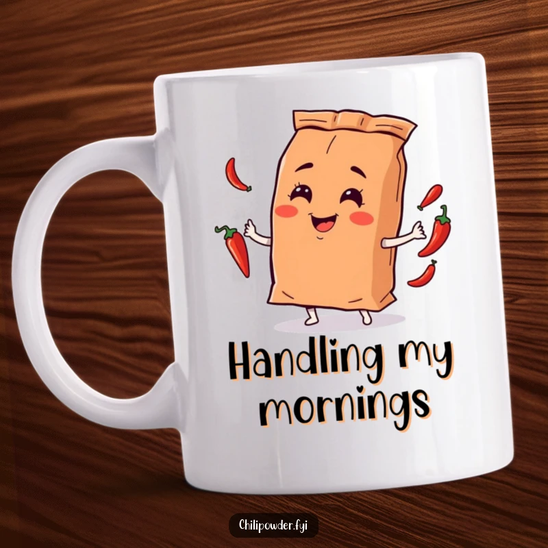 Funny chili powder bag character skillfully juggling miniature chili peppers with a playful smirk on a mug, showing off dexterity and humor.
