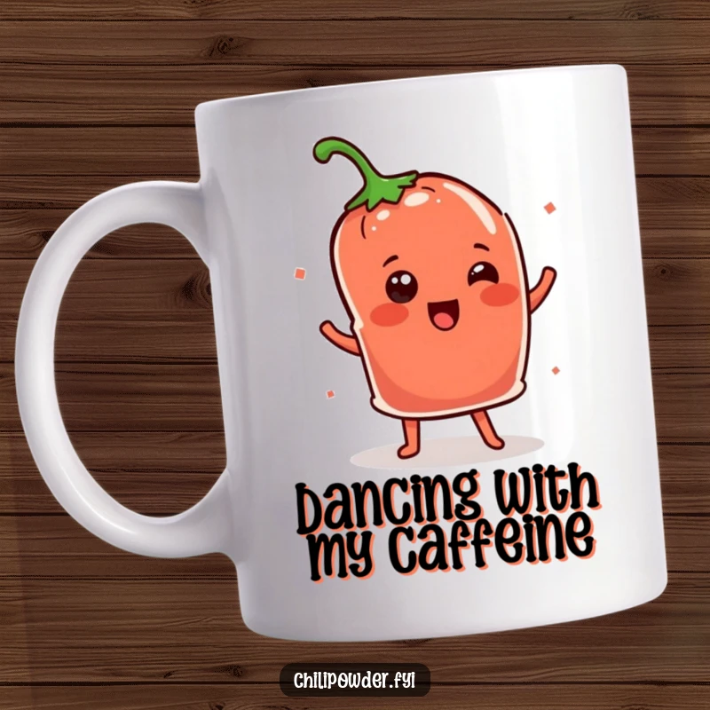 Funny Kawaii chili powder pouch doing a cheerful shimmy dance, a lively and humorous mug design.