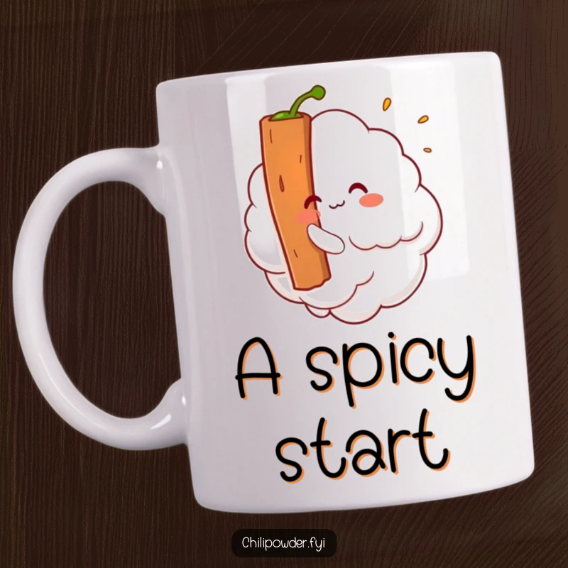 Funny Kawaii chili powder cloud playfully tickling a cinnamon stick, a charming and funny mug.