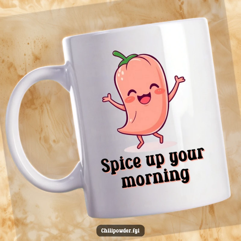 Funny Kawaii chili powder character wobbling hilariously while doing a jig, perfect for a funny mug.