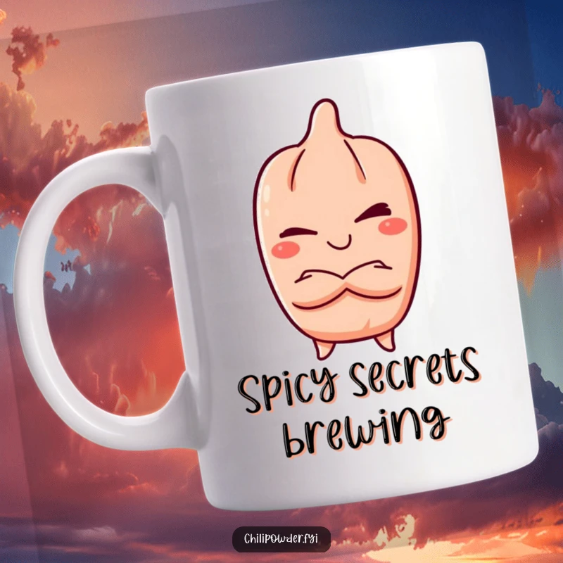 Funny Kawaii Chili Powder Mug, winking with a mischievous grin and crossed arms, exuding playful confidence and a hint of secrets, a fun gift.