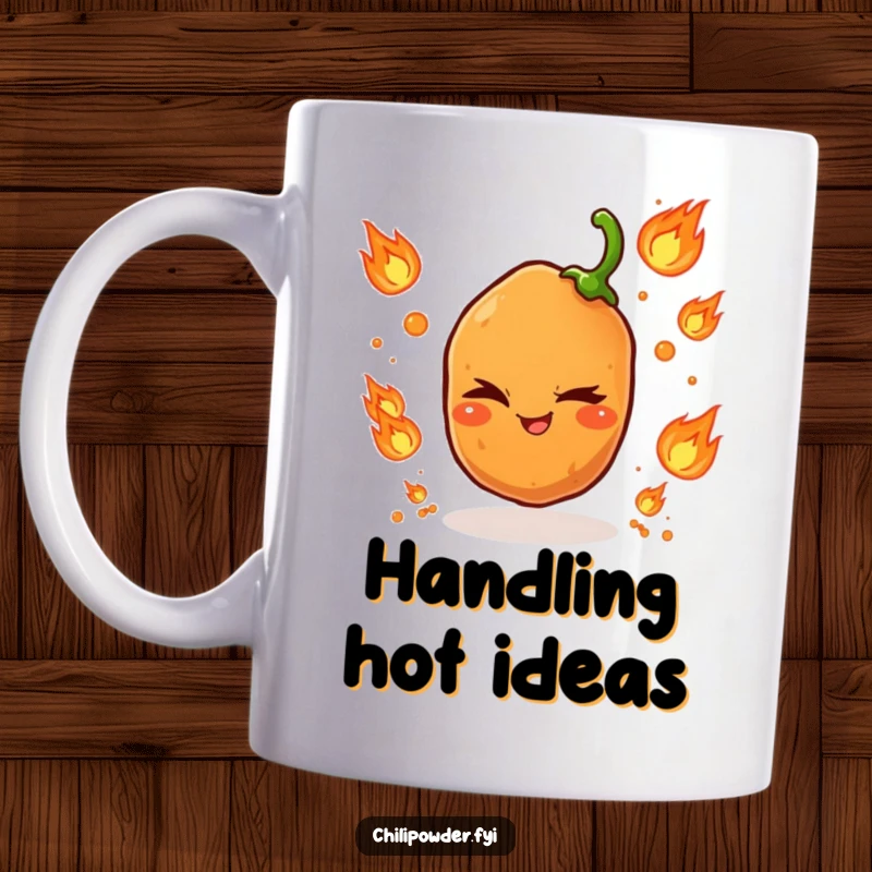 Funny mug showcasing a single chili powder grain winking mischievously while juggling small, stylized flame icons.