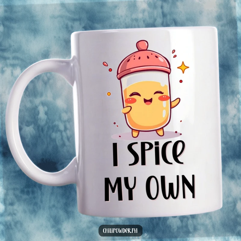 Funny kawaii chili powder shaker winks while sprinkling itself with spice on a humorous mug, bringing playful heat.