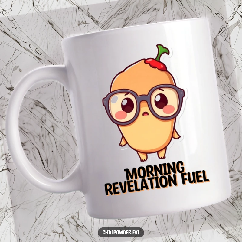 Funny Kawaii Chili Powder Mug: An adorable, surprised kawaii chili powder character wearing oversized glasses, radiating cuteness and humor.