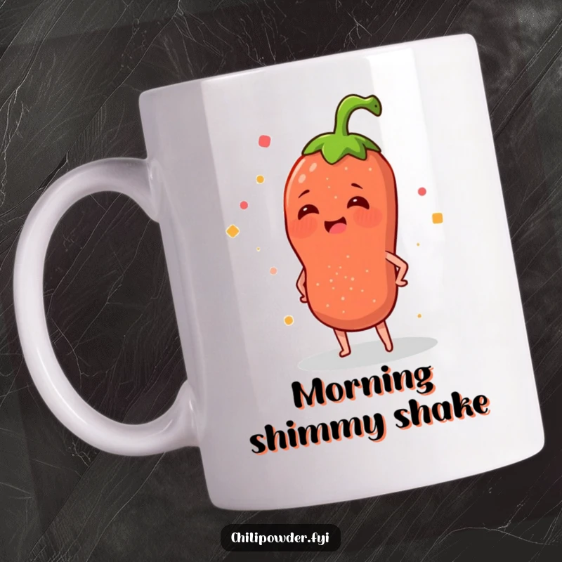 Funny mug with a chili powder sprinkle character merrily wiggling its hips, radiating pure, unadulterated spice-fueled joy.