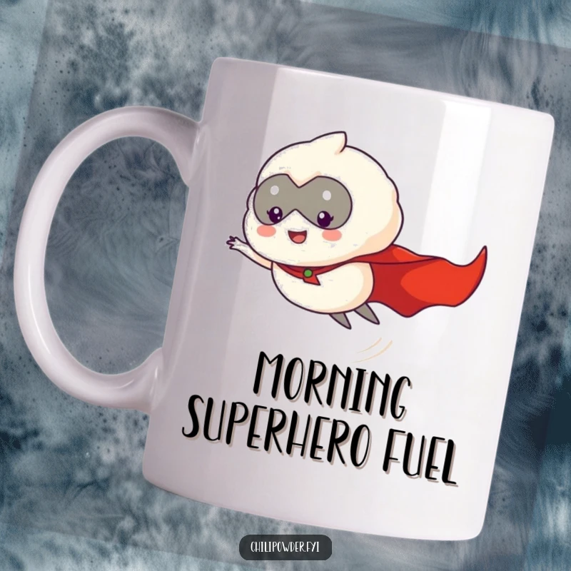 Funny chili powder puff hero, wearing a cape and flying gracefully through the air, depicted on a mug.