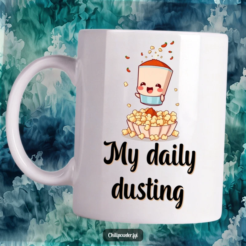 Funny mug with a chili powder sifter character joyfully shaking spices onto popcorn, capturing the excitement of flavor.