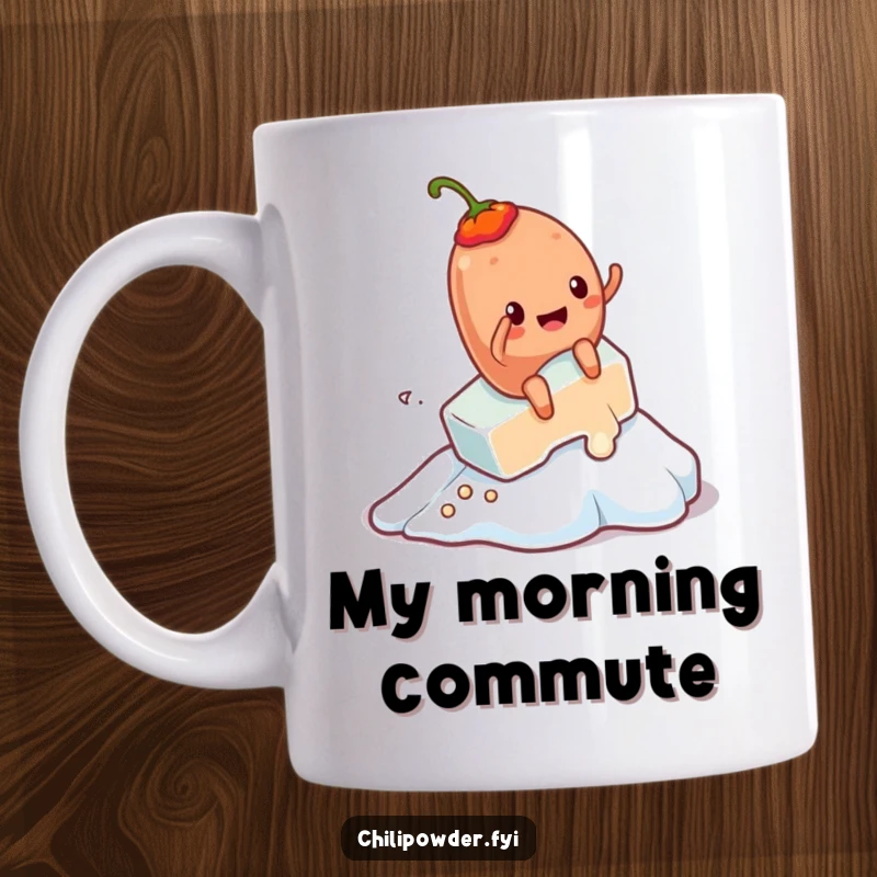 Funny Kawaii chili powder character joyfully slides down a melting ice cube, a hilarious scene for any mug lover.