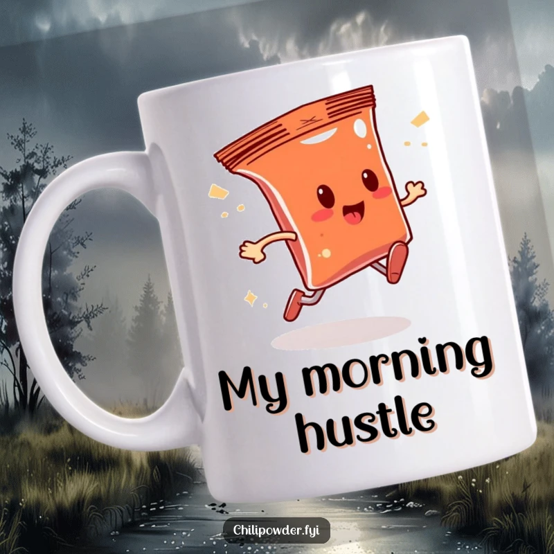 Funny chili powder bag character running fast with sparkly trail mug, symbolizing energetic joy and a humorous start to the day.