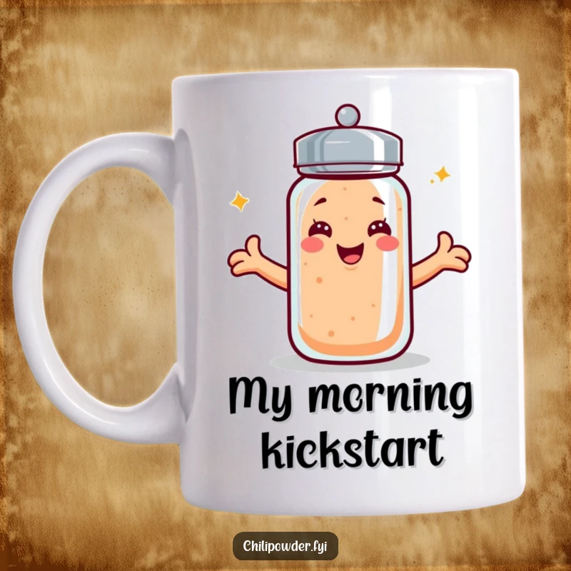 Funny kawaii chili powder shaker mug with a beaming smile and arms extended for a warm, welcoming hug.