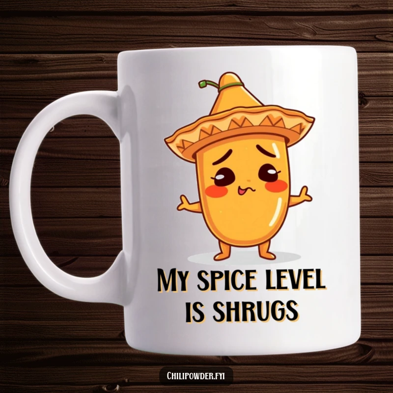 Funny Kawaii Chili Powder Mug, wearing a tiny sombrero, comically shrugging with a clueless expression, perfect for spice enthusiasts.