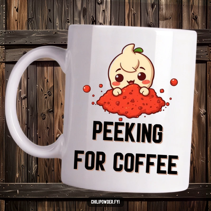 Funny mug with a chili powder character playfully peeking from a fluffy cloud of red chili powder, creating a fun reveal.