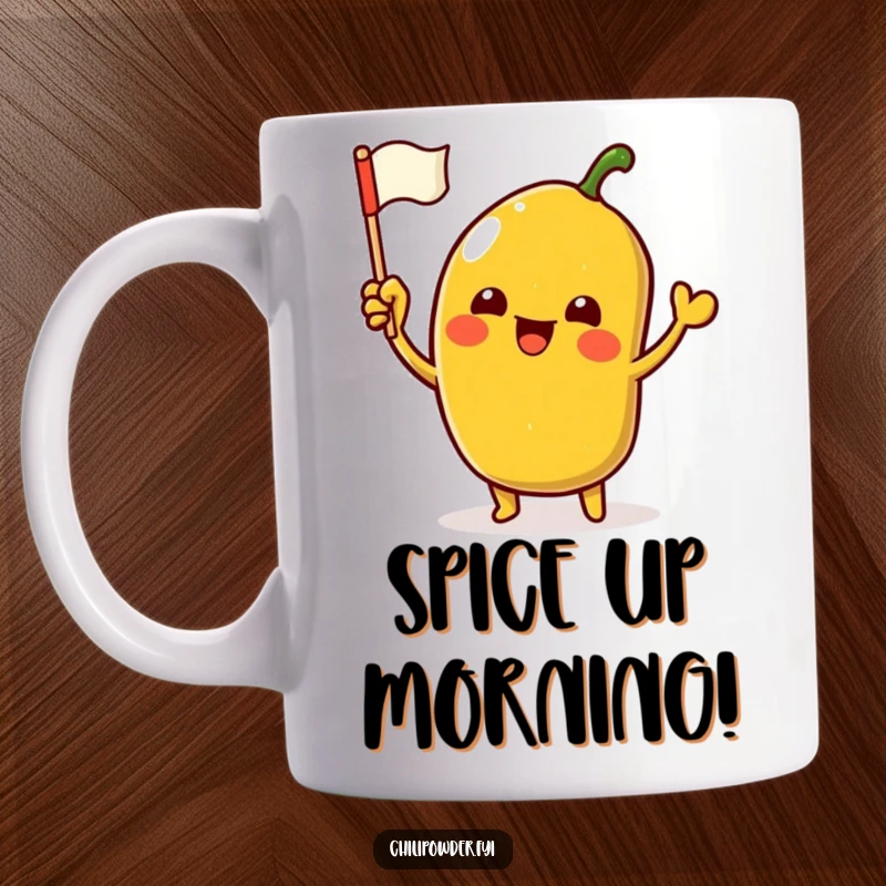 Funny Mug featuring a kawaii chili powder character enthusiastically waving a tiny flag, celebrating with spicy joy.