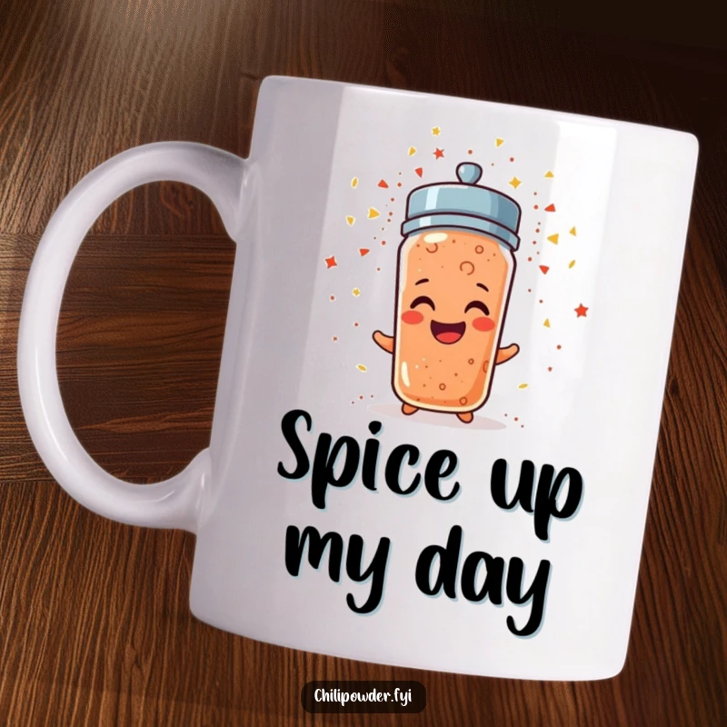 Funny tiny chili powder shaker with a grin erupting in sparkly confetti on a mug, symbolizing celebration.