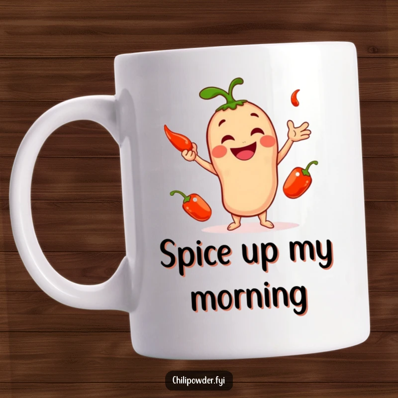Funny mug with a smiling chili powder character joyfully juggling three small, red peppers, perfect for spice enthusiasts.
