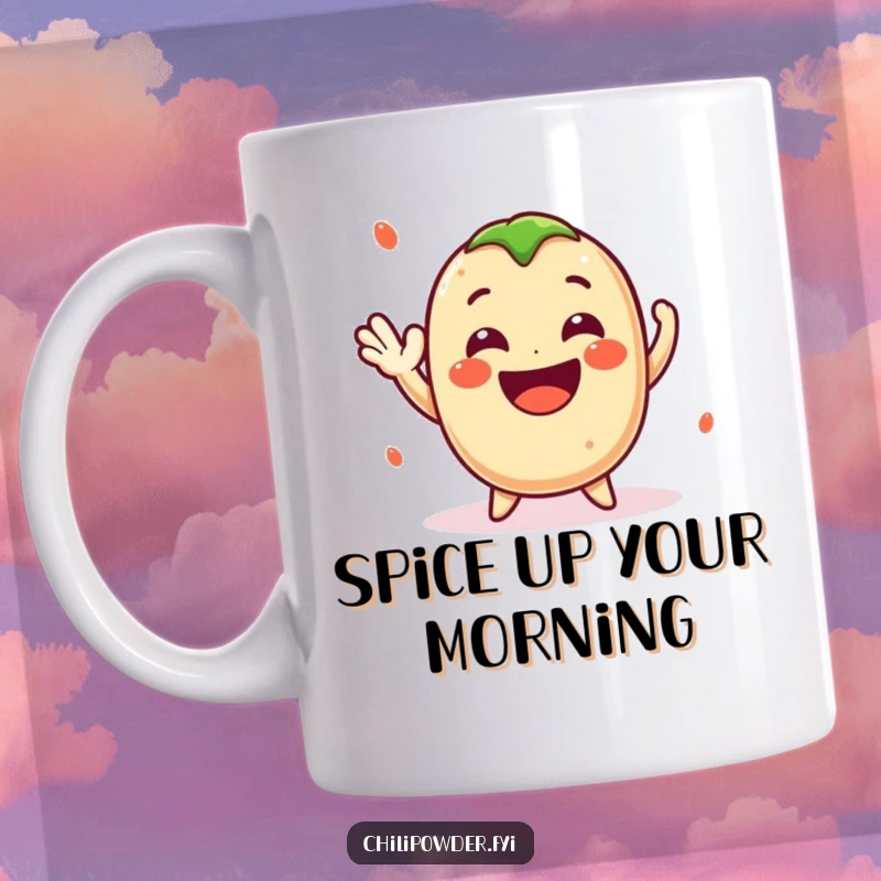Funny Kawaii Chili Powder Mug - A cute cartoon chili powder character waving cheerfully with a big smile, perfect for a happy gift.