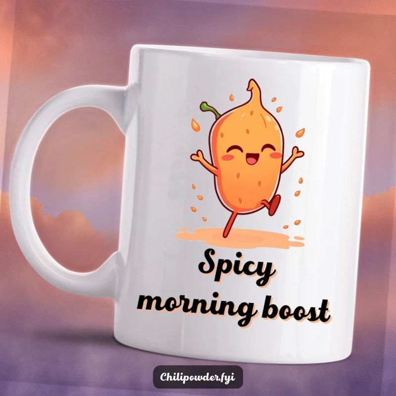 Funny mug depicting a chili powder character with tiny legs performing a dynamic, fiery dance, full of spice and energy.