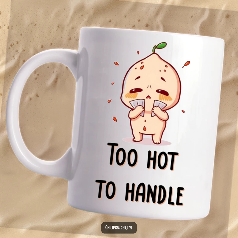 Funny chili powder mug depicting a character sweating profusely and fanning itself dramatically due to intense heat.